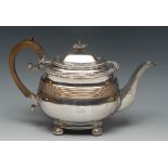 A Regency Old Sheffield Plate boat shaped teapot, hinged domed cover,