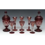 A pair of 19th century Bohemian ruby flashed glass sweetmeat jars and covers,