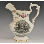 Masonic and Friendly Society - a 19th century porcelain flitted baluster jug,