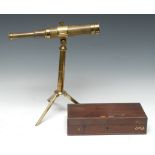 A Victorian brass three-draw telescope, table tripod stand, with extender, 41cm high,