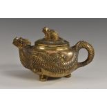 A Chinese cast brass dragon teapot, four character signature,