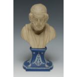 An English bust, of Homer the Greek poet, Wedgwood Jasper ware type cobalt blue stand, 23cm high, c.