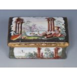 An 18th century Birmingham enamel rectangular box, the cover enamelled with classical ruins,