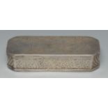 A Dutch canted rectangular tobacco box, the cover engraved and chased with figures,
