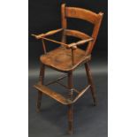 A Victorian child's high chair, restraining bar, turned legs, H stretcher, c.