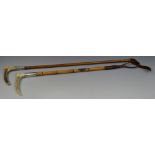 An early 20th century hunting crop, horn handle, silver collar, bamboo shaft, 48cm long; another,