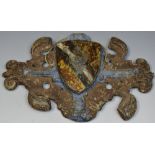 A 17th/early 18th century polychrome painted lead armorial plaque, probably Whitfield, 21cm wide, c.