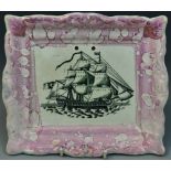 A 19th century Sunderland lustre rectangular plaque, transfer printed with a ship, pink border, 21.