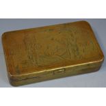 An 18th century Dutch brass rounded rectangular tobacco box, engraved with a scene from the Bible,