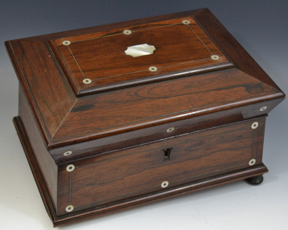 A Victorian rosewood sarcophagus shaped stationery box, mother-of-pearl tablet, ball feet,