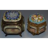 A French pattern Royale hexagonal casket, the cover with micro-mosaic with flowers and foliage,