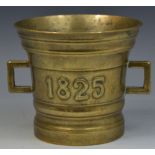 A George IV bronze mortar, flared rim, square lug handles, 10cm high,