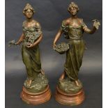 V Constant, after, green patinated spelter, a pair, Cueillette and Printanierem turned titled bases,