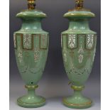 A pair of Victorian opaque glass pedestal urnular table lamps,