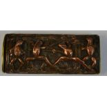 A 19th century novelty bowed rectangular novelty vesta case, the cover in relief with frogs fencing,