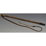 A Victorian hunting whip, the terminal with whistle, plaited leather leash,