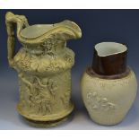 A Turner relief moulded jug, with cherubs and foliage on a buff ground, ribbed dark brown neck,