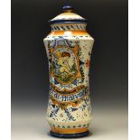 A maiolica drug jar (albarello), typically decorated in yellow,