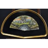 A 19th century French fan, painted with figures and foliage, mother-of-pearl sticks, 40cm wide,