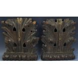 A pair of 17th century oak architectural fragments, each carved with crisp acanthus, 31cm x 25cm, c.