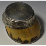 A Victorian silver mounted table horse hoof snuff box, the cover engraved Winson 1873, 8cm high,