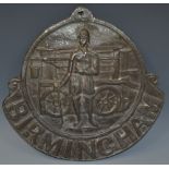 A Birmingham fire mark, Birmingham Fire office (1805-1867) plate, showing a fireman and engine,