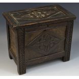 Miniature Furniture - an 18th century style oak blanket box, h cover and front carved with lozenges,