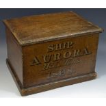 A small 19th century stained pine box, skirted base, inscribed Ship Aurora 1155 Tons 1868,