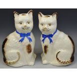 A pair of 19th century Staffordshire pottery models, of cats, seated to left and right,