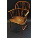 A 19th century elm and ash Windsor elbow chair, low hooped back, shaped and pierced splat,