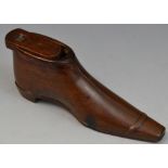 A 19th century mahogany novelty snuff box, as a shoe, sliding cover, 10.