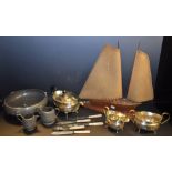 Boxes and Objects - an Art Deco pewter bowl; a three piece plated tea set;