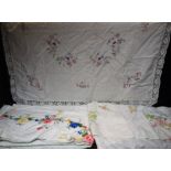 Textiles - hand embroidered linen tablecloths including English Country Garden Flowers