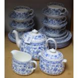 A Minton Shalimar pattern tea set for six, comprising teapot, cream jug, sugar bowl, dessert plates,