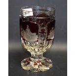 A 19th century Bohemian flashed glass goblet, engraved with hounds and stag, 14cm high, c.