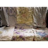 Textiles - hand embroidered tablecloths including English Country Garden Flowers, Crinoline Lady,