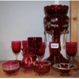 Glassware - a 19th century ruby glass lustre; five Victorian cranberry glass wine glasses; other,