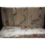 Textiles - hand embroidered linen tablecloths including English Country Garden Flowers