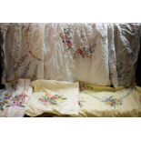 Textiles - hand embroidered linen tablecloths including English Country Garden Flowers