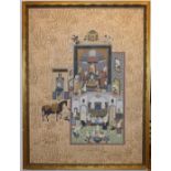 A large Persian painted silk panel, figure bathing in the interior, floral and animal surround,