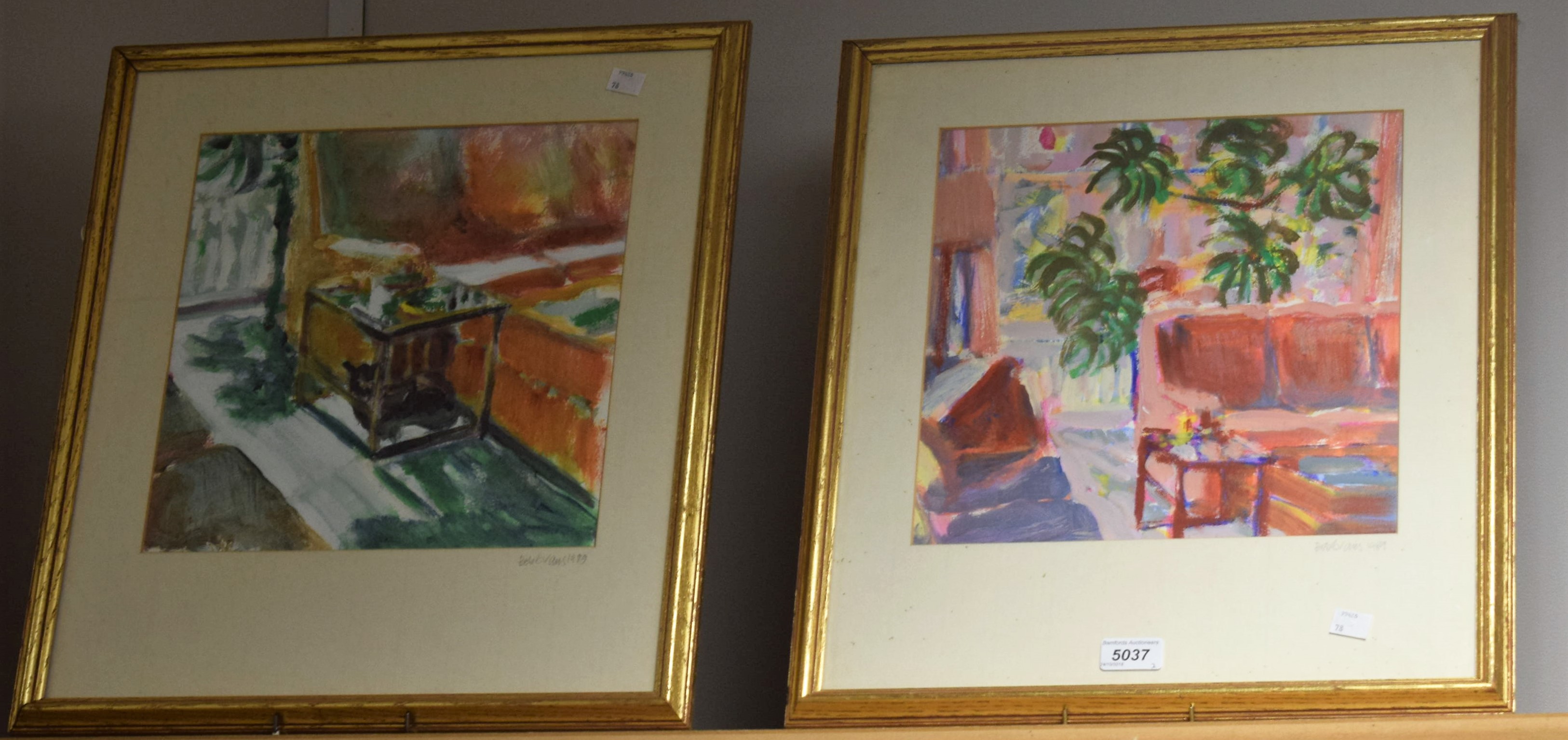 Bob Evans Exotic Interiors, a pair signed and dated 1989 to mount, oils, 30cm x 29.
