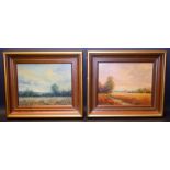 Stev Slimm A pair, Views Across The Meadows signed, oils on board, 18.5cm x 23.