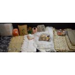 Textiles - linen, lace, fabric, ribbon, pincushions, cotton reels, wedding veil,