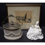 A Victorian Copeland style white bisque oval biscuit box, moulded in relief with swags and ribbons,