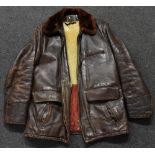 An aviator's brown leather bomber jacket, brown fur effect collar, fleece lining,