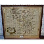 Robert Morden map of Derbyshire, hand tinted, framed 42.