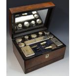 A Victorian burr walnut rectangular work box, the interior fitted with clear glass jars,