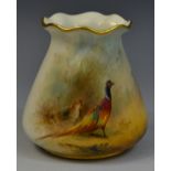 A Royal Worcester vase, painted by Jas Stinton, with pheasants, in a landscape, gilt rim, 8cm high,