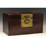 A Chinese red leather document box, brass catch, 27cm wide,