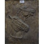 A cast bronze rectangular plaque, two horses in profile, indistinctly signed,